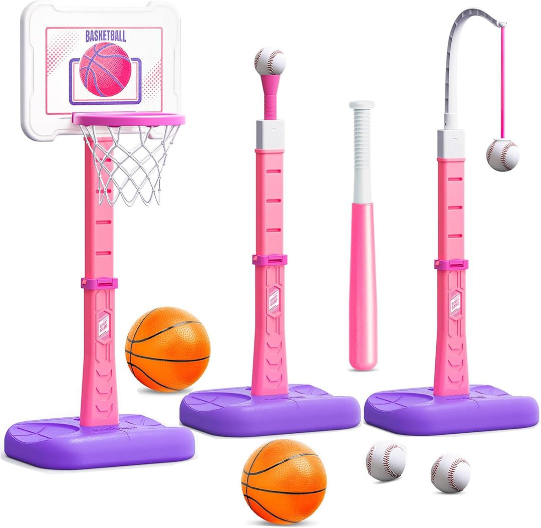 3 in 1 Kids Basketball Hoop and T Ball Set, Adjustable Height Toddler Basketball Hoop, Hanging Tee Baseball, Indoor Outdoor Sports Toys Gifts for Toddlers Boys Girls Ages 3 4 5 YearBlue (Pink)