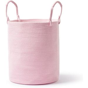 Laundry Basket – Laundry Hamper for Clothes, Blankets, Yoga Mat – Woven Cotton Rope Basket for Living Room, Nursery Room – Boho Style – 16”D x 22”H – Light Pink