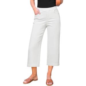 GRAPENT Capri Jeans for Women Wide Leg High Waisted Effortless Flow Pull On Stretchy Denim Elastic Waist Pants with Pockets (XX-Large, Cream White)