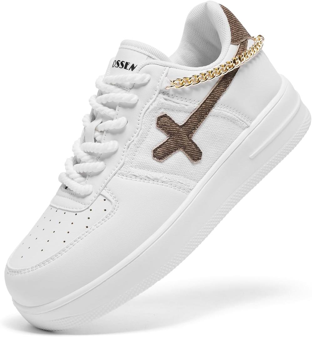 FANVOSSEM Chunky Platform Sneakers for WomenWomen's Comfy Sparkly Dad Shoes Lace-Up Casual Walking & Sport Work Sneaker (8, Khaki White)