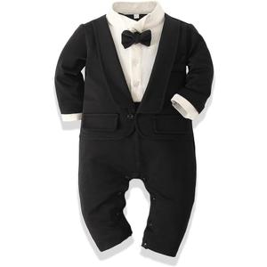 Baby Boy's Cotton Gentleman Romper Suits Party Tuxedo One Piece Outfit Lapel Tie Fake Two Piece Jumpsuit,  6-12 Months