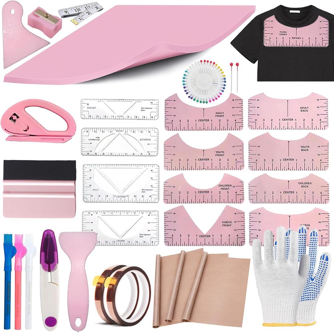 67 Pcs Sublimation Shirts Tool Kits for Vinyl Alignment,Heat Press Mat Pad Silicone,T-Shirt Rulers Guide and Teflon Sheet for Cricut Heat Press HTV Vinyl Center Designs,Craft Sewing Accessories