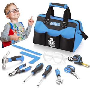 REXBETI 10-Piece Kids Tool Set with Real Hand Tools, Blue Durable Storage Bag, Children Learning Tool Kit for Home DIY and Woodworking, 6+ Years Old Birthday Gift