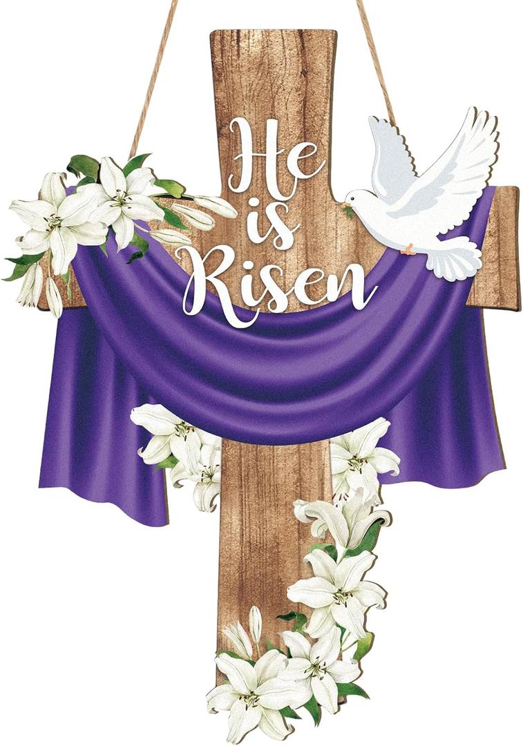 He is Risen Easter Decoration Wooden Extra Wreaths for Front Door Sign Cross Door Wall Signs 24Inch, Christian Jesus Lily Flowers Ornaments Hanging Crafts for Spring Home Farmhouse Party Porch Decor (Large)