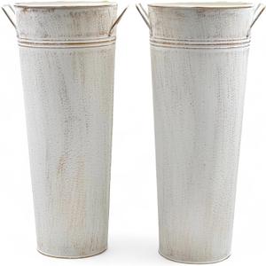 Hosley Set of 2 White Metal French Bucket with Handles & PVC Liner, 6" Dia x 15" H for Weddings, Parties, Country Picnics, Floral Arrangements, Tableware Storage, or Gardens - Rustic Farmhouse Dcor