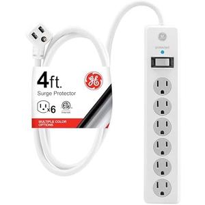 GE 6-Outlet Surge Protector, 4 Ft Extension Cord, Power Strip, 800 Joules, Flat Plug, Twist-to-Close Safety Covers, Protected Indicator Light, ETL Listed, White, 33658