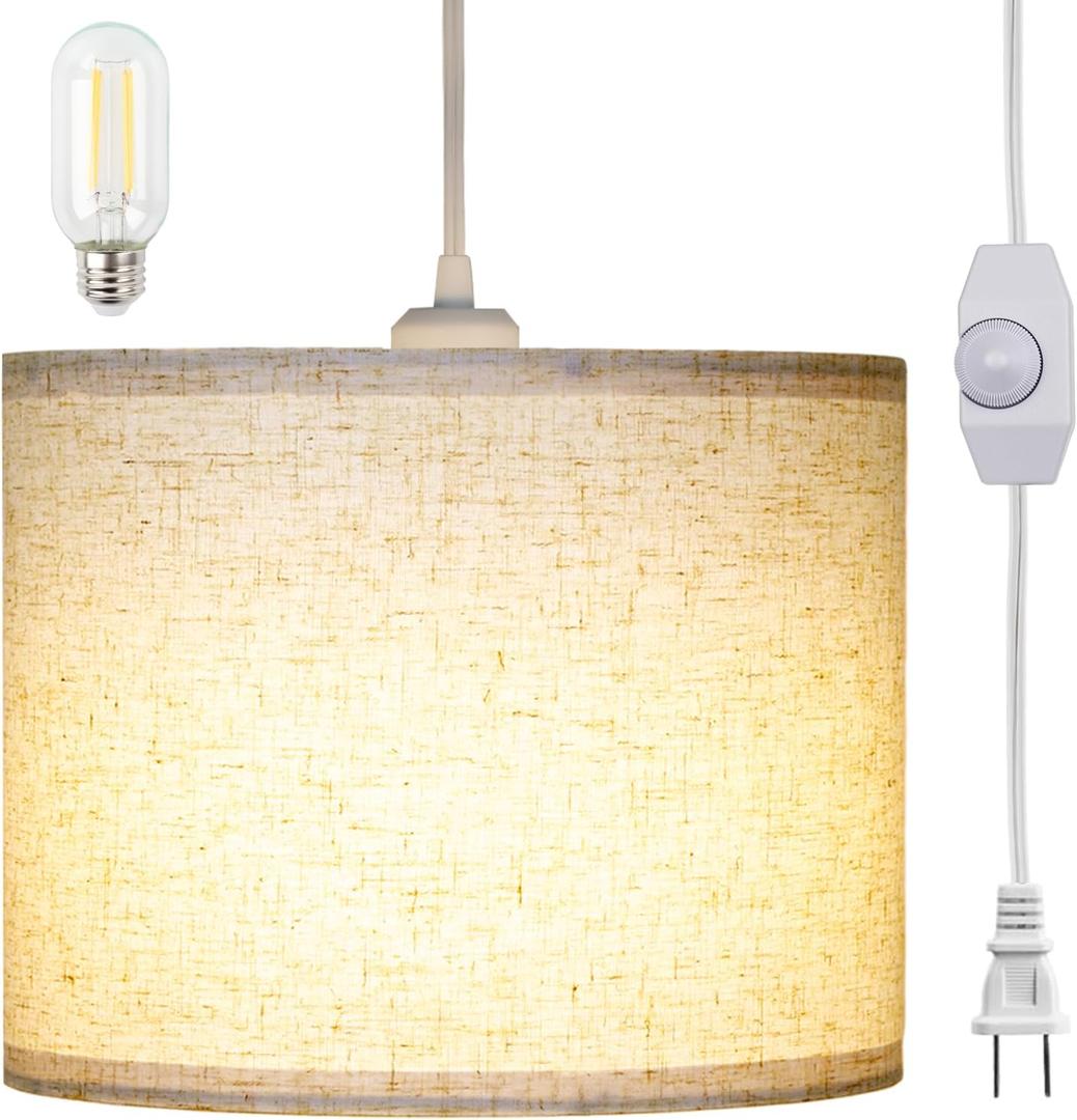 LALISU Plug in Pendant Light, Hanging Light with Plug in Cord 15Ft, On/Off Switch Pendant Lighting with Linen Shade, Hanging Lamp Fixture for Living Room, Bedroom, Kitchen, Dining Room (Beige)