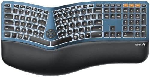 ProtoArc Backlit Bluetooth Ergonomic Keyboard, EK01 Plus Full Size Wireless Split Keyboard with Dual Bluetooth and USB, Cushioned Wrist Rest, Rechargeable, Compatible with Windows/Mac/Android, Blue