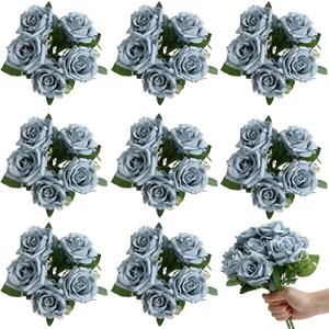 Artificial Roses Bouquets - 8 Bundles Fake Silk Flowers Realistic Faux Florals Bulk for Wedding Bridal Party Baby Shower Event Home Arrangements Centerpieces Decorations (Dusty Blue)