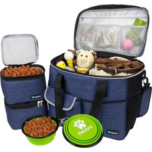 PetAmi Dog Travel Bag - Travel Pet Organizer with Food Container and Bowls, Perfect for Weekend Camping, Navy, Large (Large - 15.5"L x 9.5"W x 14.0"H)