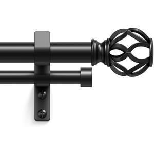 Double Curtain Rod 84 to 120 Inch, Black Long Dual Curtain Rods with Decorative Aluminium Twisted Cage Finial, 1 Inch Adjustable Heavy Duty Telescopic Spliced Window Treatment Rods, All Metal