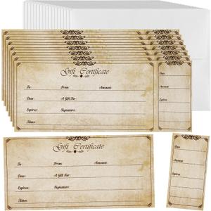 Sinmoe 50 Sets Gift Certificate for Business with 50 Pcs Envelopes Blank Gift Certificate Cards with Name and Address for Wedding Beauty Salon Restaurants Birthday(Retro Style,4.72 x 2.36 Inch)