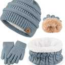 Wenouy 3 Pcs Kids Winter Hat Scarf Gloves Set Boys Girls Thick Warm Beanie Hat Knitted Neck Warmer Fleece Lined Gloves (2-6 Years, Light Blue)