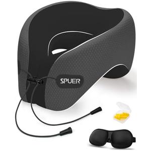 Travel Pillows for Airplanes, Neck Pillow Airplane, Airplane Travel Accessories with Eye Mask, Earplugs & Storage Bag, Ergonomic Memory Foam Neck Pillow for Sleeping, Flights, Cars (Dark Gray & Black)