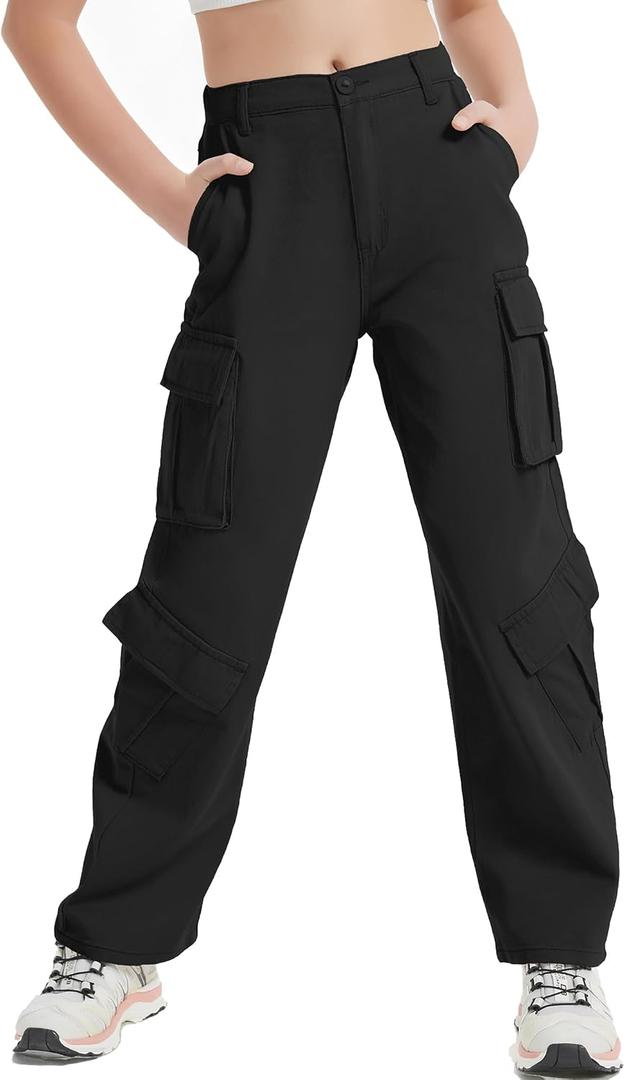 EXARUS Girls Jeans Cargo Denim Teen Hiking Pants Wide Leg Straight Baggy Elastic High Waistband Pockets Kids 8-14 Years (Black)