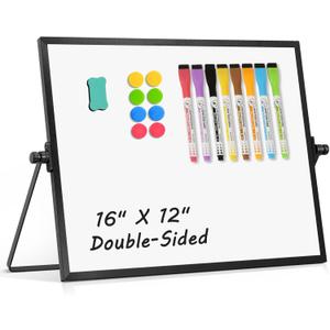 Dry Erase Magnetic White Board, 16" x 12" Black Framed Double-Sided Desktop Whiteboard with Stand, Portable Small Whiteboard Set for Drawing, Office, Home, School