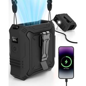 Portable Fan with 5-Speed Settings, Dual-Sided Clip on Wearable Belt Waist Fan for 8000mAh, 2 Settings including Flashlight,Travel Essential for Outdoor Camping as Power Bank (Black)