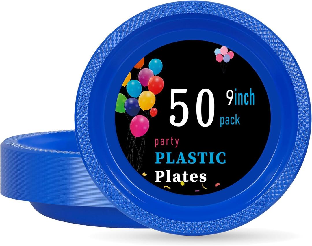WELLIFE 9 Inch Royal Blue Plastic Plates 50 Count Disposable Plate for Party, Dessert Plates for Dinner Cake Salad Supplies Birthday