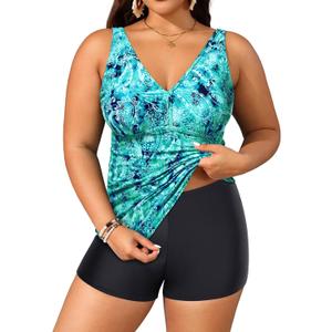 Yonique Womens Plus Size Swimsuits with Shorts Tummy Control Tankini Two Piece Bathing Suits Athletic Swimwear (22 Plus, Blue Green Paisley)