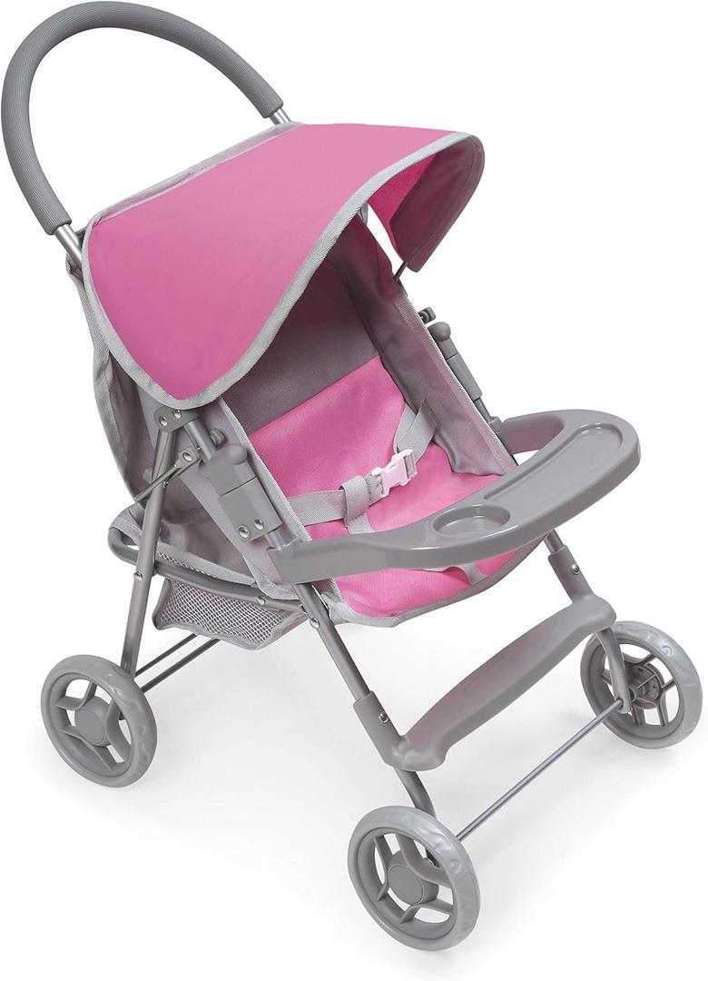 Badger Basket Deluxe Glide Folding Doll Stroller - Lightweight Baby Doll Stroller with Storage Basket and Snack Tray - Fits for 18 Inch Dolls - Gray and Pink