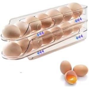 LECINAL Egg Holder for Fridge,Stackable 1-4 Tiers Container,Auto Rolling Fridge Organizer for Refrigerator,Space-Saving Dispenser Holder,Refrigerator Egg Rack Transparent (2 Packs)