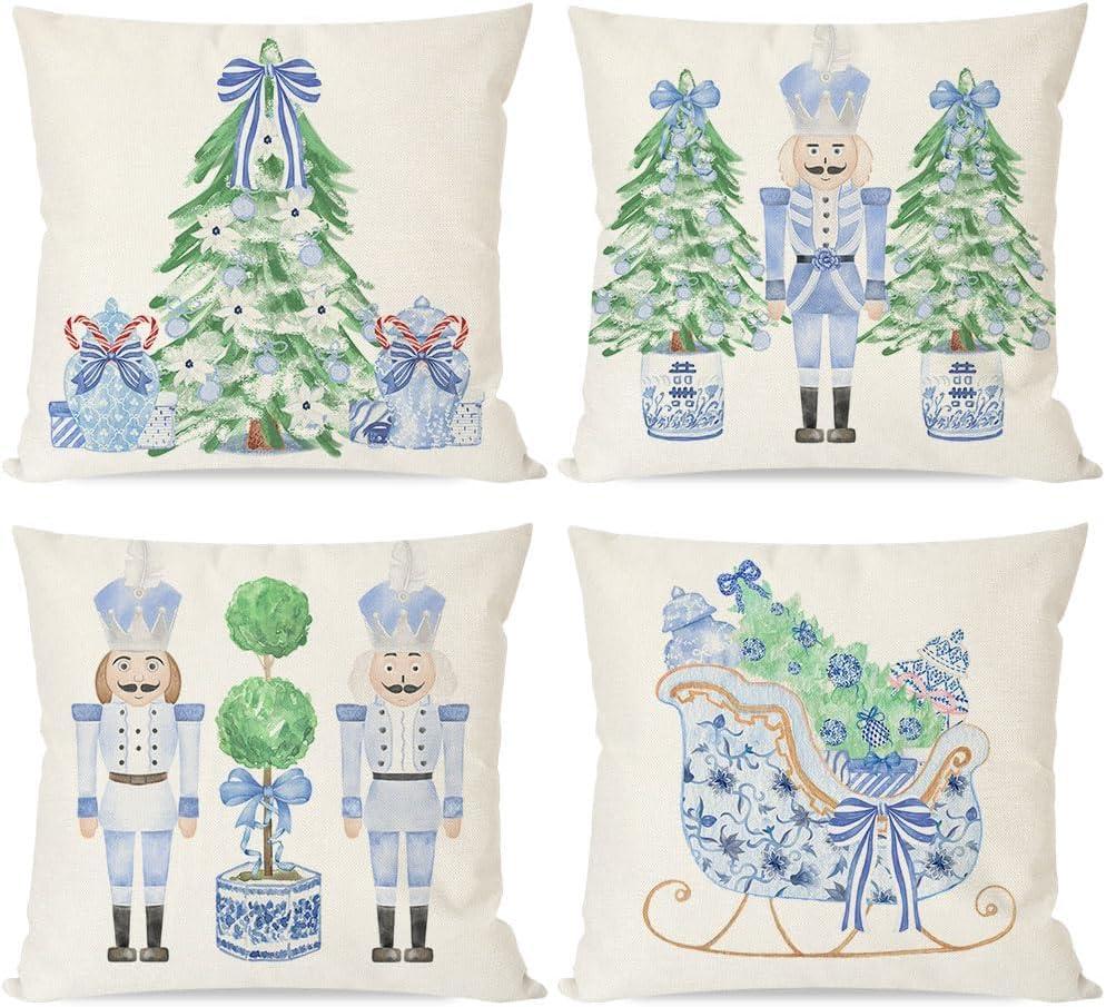 PANDICORN Christmas Blue and White Chinoiserie Throw Pillow Covers 18x18 Inch Nutcracker Sleigh Christmas Tree Bow Green Outdoor Grand millennial Decorations Xmas Pillow Cases, Set of 4 for Couch Decor
