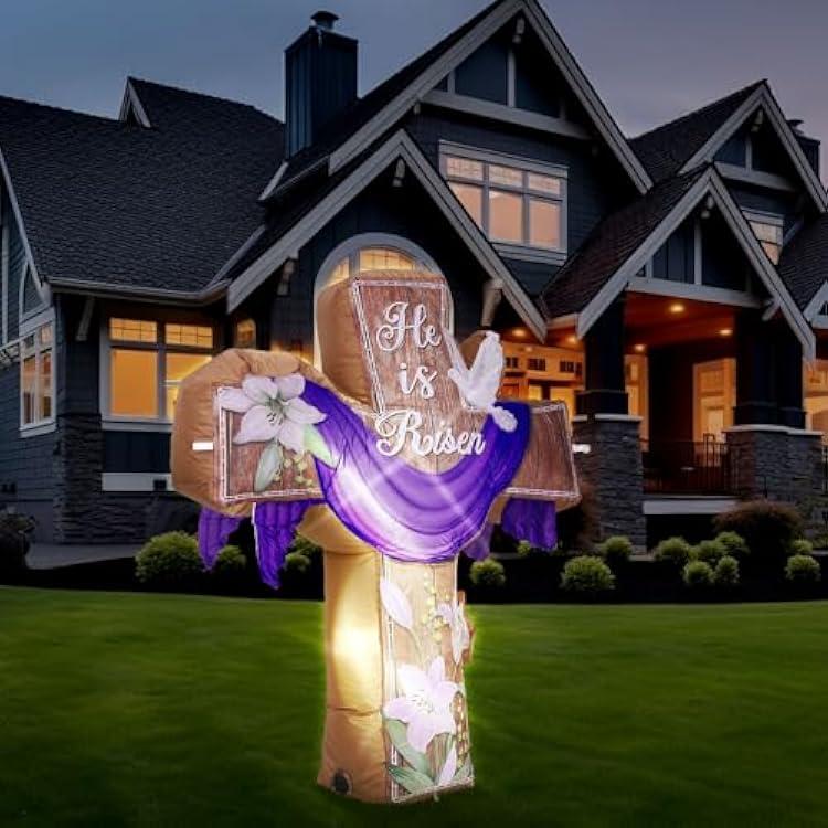 VIHOSE Easter Inflatable Decor 4.5 Ft He is Risen Blow Up Decoration Religious Cross Inflatables with LED Lights Christian Inspirational Yard Decor for Garden Lawn Indoor Holiday Party Supplies