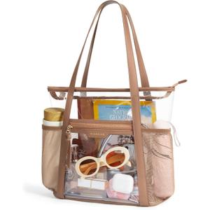 Missnine Clear Bag for Stadium Events Thick PVC Clear Tote Bag for Women with Guitar Strap for Sports Concert Beach (Classic Handles-brown)