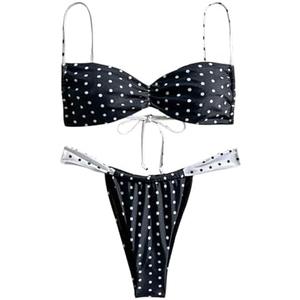 MakeMeChic Women's Polka Dots Bikini Set Tie Back Thong Summer Bathing Suit Swimsuit, Black, M