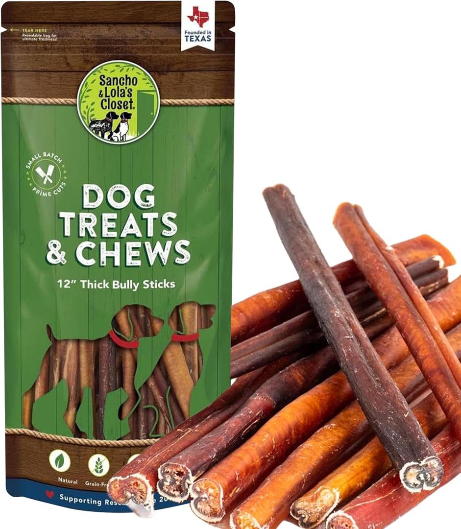 Supreme 12-inch Thick Bully Sticks by Sancho and Lolas (5 Pack) All-Natural, Long-Lasting Dog Chew Treats - Free-Range, Grass-Fed Beef - Low Odor