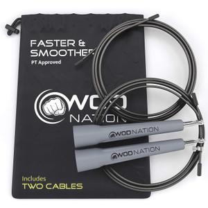WOD Nation Adjustable Speed Jump Rope For Men, Women & Children - Blazing Fast Fitness Skipping Rope Perfect for Boxing, MMA, Endurance (Grey)