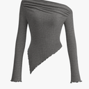 PRETTYGARDEN Women's Spring Long Sleeve Y2K Crop Top Trendy Off Shoulder Asymmetrical Fitted Knit Tee Shirts Going Out Tops Grey XS