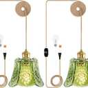 Plug in Pendant Light Hanging Lights with Plug in Cord Gold Hanging Lamp Dimmable Mini Glass Green Mid Century Modern Vintage Retro Ceiling Fixture for Living Room,Bedroom,Boho,2pack