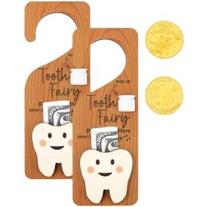 WALLFID 2-Piece Tooth Fairy Set with 2 Tooth Fairy Coins,Tooth Fairy Door Hanger with Tooth Holder & Gift Compartment,Perfect for Celebrating Lost Teeth