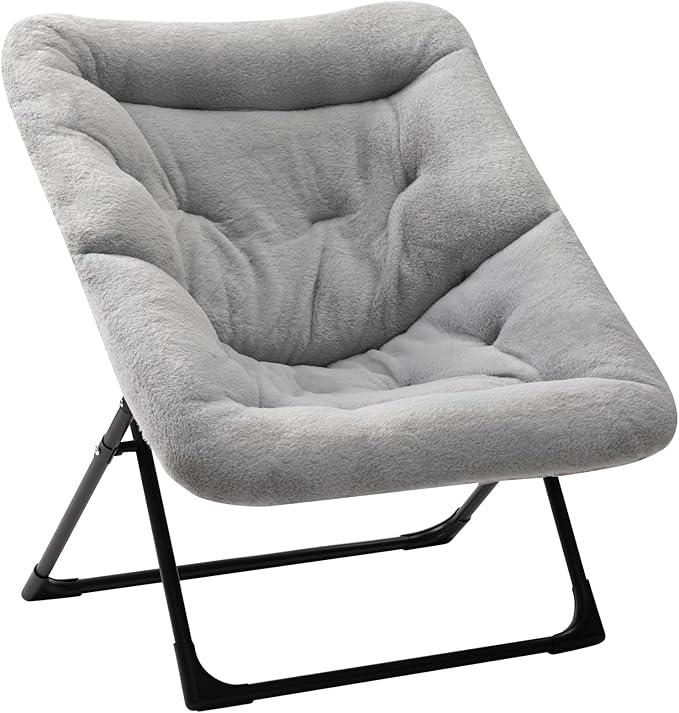 Comfy Saucer Chair for Adults, Soft Faux Fur Bedroom Chair, Accent Dorm Chairs, Flexible Living Room Reading Chairs, Oversized Folding Lounge Seat for Teens, X-Large, Grey