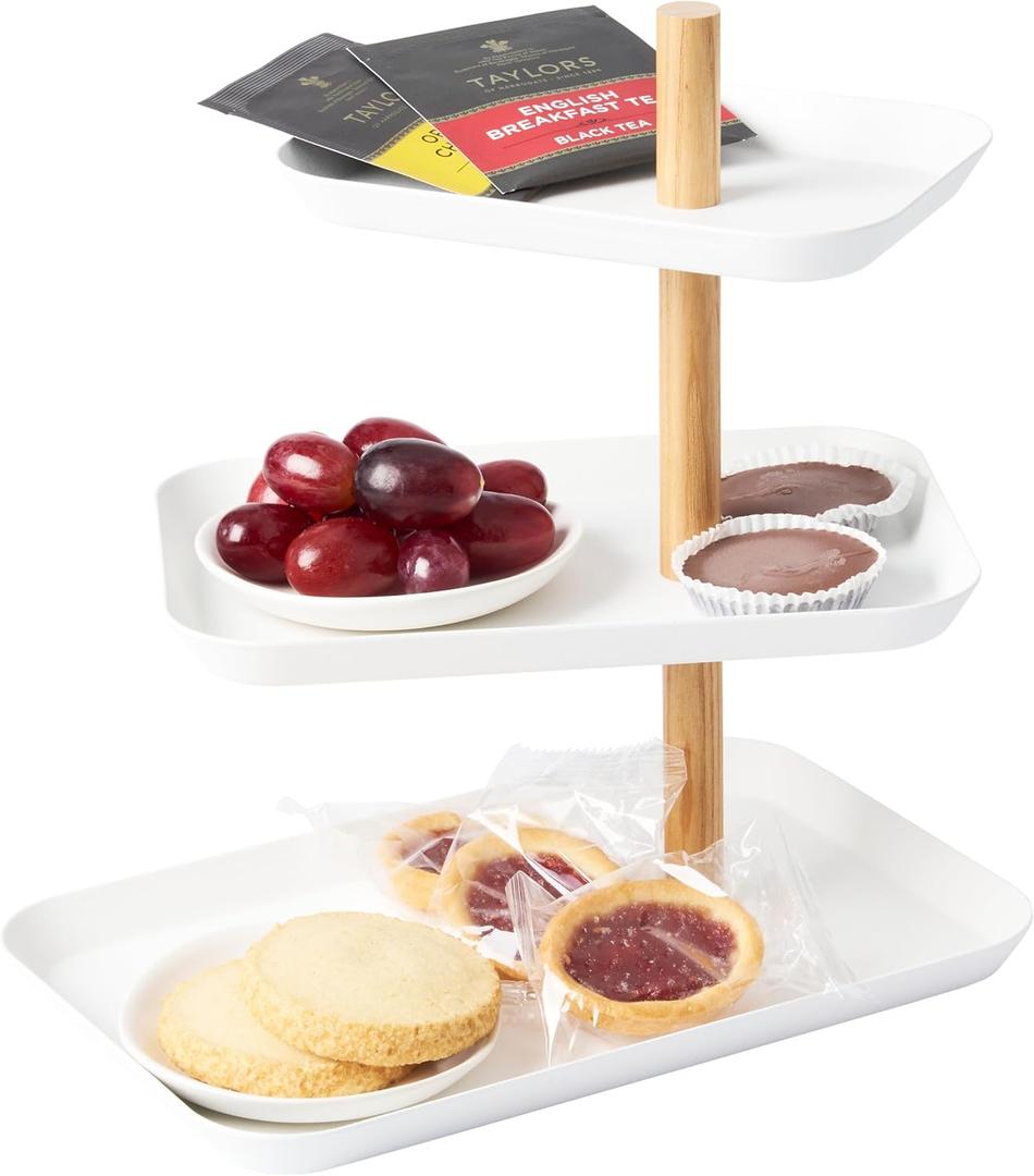 YAMAZAKI Home Rin 3-Tier Accessory Tray - Jewelry Holder & Storage Organizer, Metal With Wooden Accent - Steel (White)