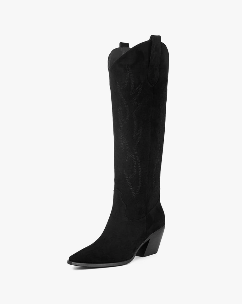 iiimmu Cowgirl Boots Women Knee High Boots Pointed Toe and Block Heel Cowboy Suede and Faux Leather Boots with Embroidered Black 9,5, Black 