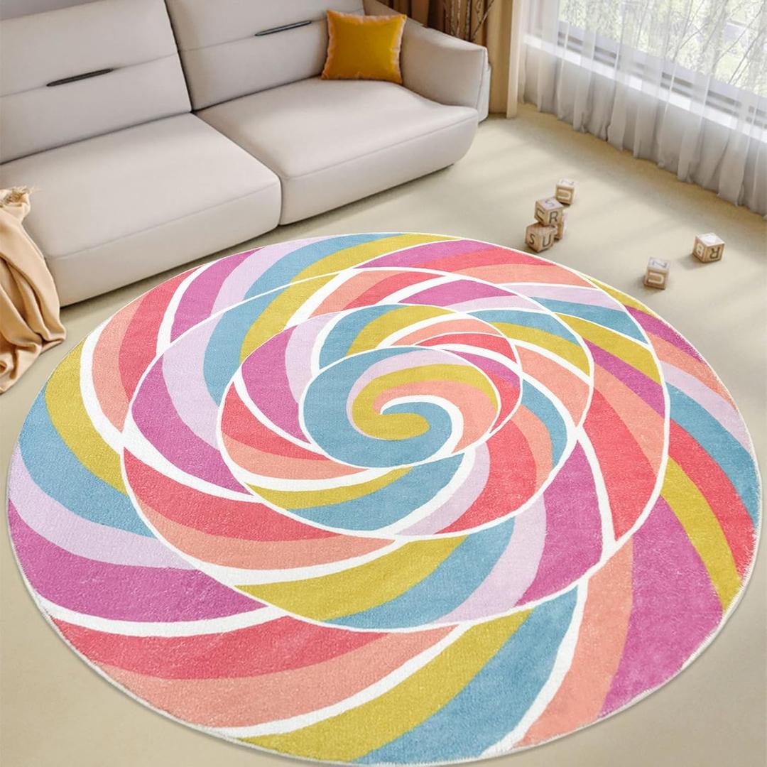Kids Round Rainbow Lollipops Play Mat, 5.2Ft, Multicolor, Modern, Cartoon, Washable, Lightweight, Bedroom, Living Room, Nursery Room, Playroom