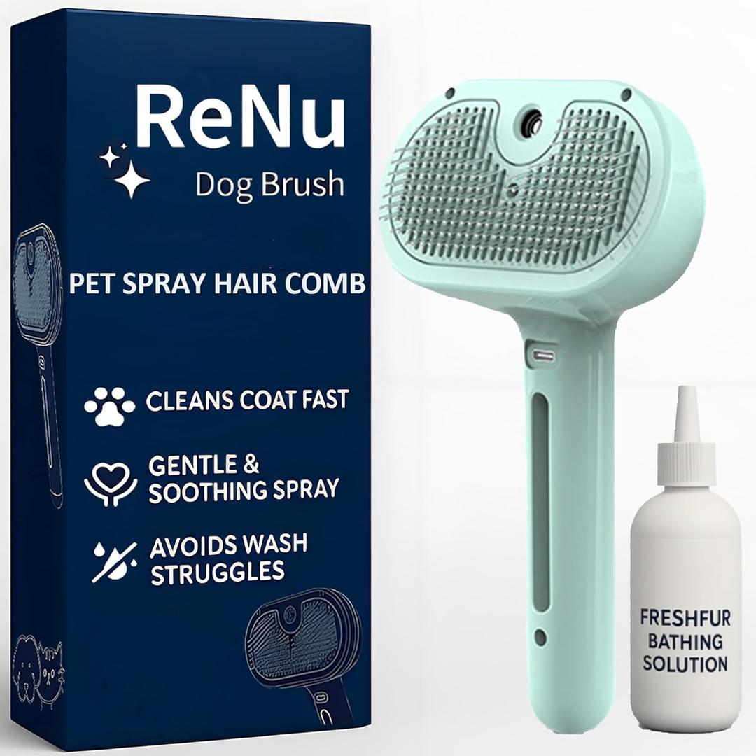 3-in-1 Self-Cleaning Steamy Pet Brush for Dogs & Cats, Fresh Fur Shower Brush That Removes Loose Hair, Reduces Shedding, Grooming Tool for Long & Short Hair, Wet or Dry Use (Green)