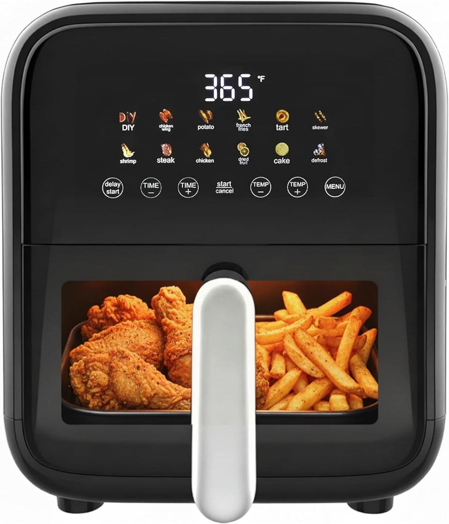 HealSmart 7.5QT Large Air Fryer with Visible Window, 12-in-1 Digital Preset & Custom DIY Functions, Precise Temp Control, Dishwasher Safe Components, Black