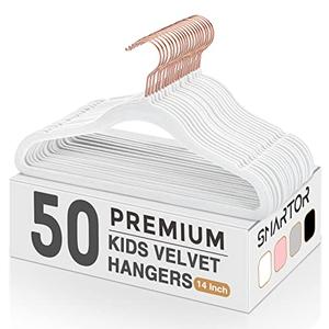 Smartor Kids Velvet Hangers 50 Pack, 14 Inch Premium Non Slip Kids Felt Hangers for Closet, Space Saving Toddler Clothes Hanger for Youth's Childrens' Clothes (Rose Gold Hook)- White