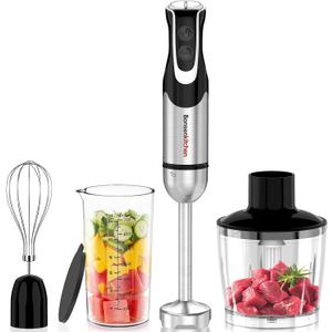Bonsenkitchen 4-in-1 Immersion Blender Handheld with Food Processor, 12 Speeds Hand Blender with Turbo Mode, Stainless Steel Blade, Egg Whisk, Beaker & Chopper Bowl, Stick Mixer for Smoothie, Puree
