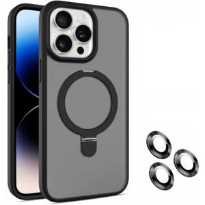 Ring Bracket Phone Case for iPhone 16 14 15 Pro Max Plus Cover with Lens Glass(for iPhone 13 Pro Max/Black)