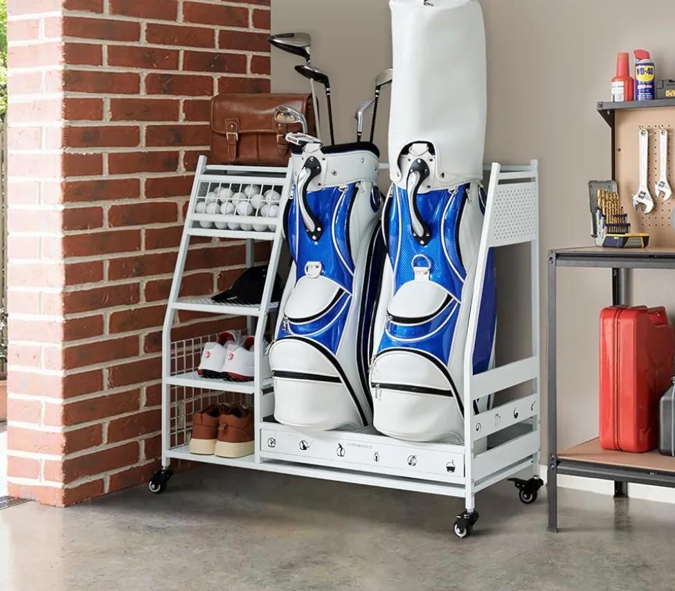 Lauren&Harold Golf Bag Organizer Garage Storage, Golf Storage Rack Stand Fits 2 Golf Bags, Golf Clubs and Other Golfing Equipment Accessories, Golf Organizer for Garage, Club, Shed, Basement