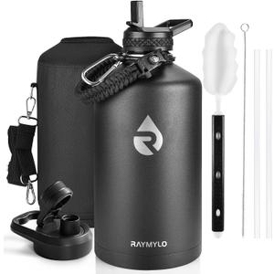 One Gallon Water Bottle Insulated, Triple Walled Vacuum Stainless Steel (Cold for 48 Hrs), Leak Proof & Non-BPA, Large Water Flask Jug with Paracord Handle & Straw Spout Lids (128 Ounces, Magic Black)