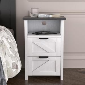 AURINEST Farmhouse Night Stand Set of 1, Bed Side Table with 2 Drawers and Storage Shelf, Rustic White End Table for Bedroom, Living, Entryway, Office, Dorm, Small Spaces, White