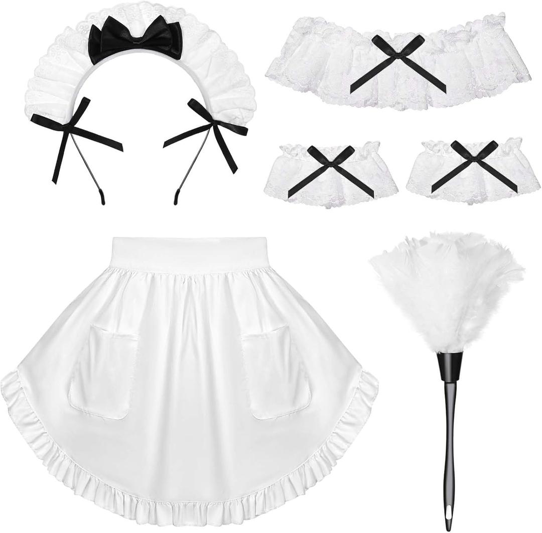 5 Pcs French Maid Accessories Kit Cleaning Lady Costume Set Lace Headband Maid Apron White Feather Duster Ruffled Choker Bracelet for Halloween Adult Cosplay Party Dress Up