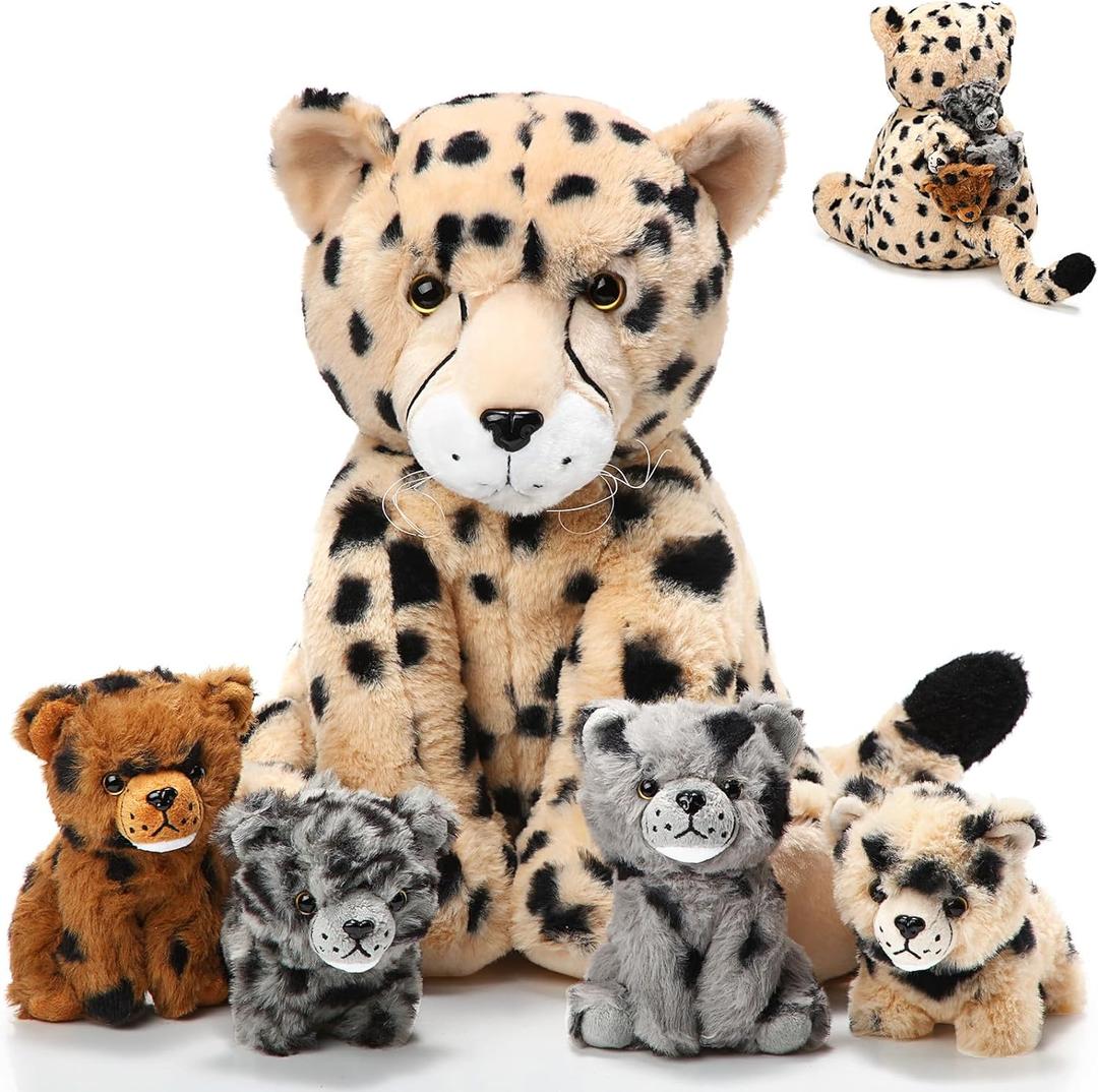 5 Pcs Cheetah Stuffed Animals Set Large Mommy Cheetah Plush with 4 Soft Cuddly Baby Cubs in Her Tummy for Boys Girls Birthday Graduation Gifts Forest Party Decors(Sitting Style)