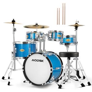 AODSK 14 Inch 5-Piece Full Size Drum Set for Beginner Aspiring Drummers, Complete Starter Kit with Adjustable Throne, Brass Cymbals, Hi-Hat, Pedal, Drumsticks, Ideal Holiday Gift (Light Blue)
