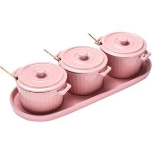 Whole Housewares Mini Cocotte Set with Golden Spoons and Pink Serving Tray - 3 Small Pink Casserole Dishes, 10oz Each with Lids and Handles - Versatile for Baking, Serving, Microwave & Dishwasher Safe